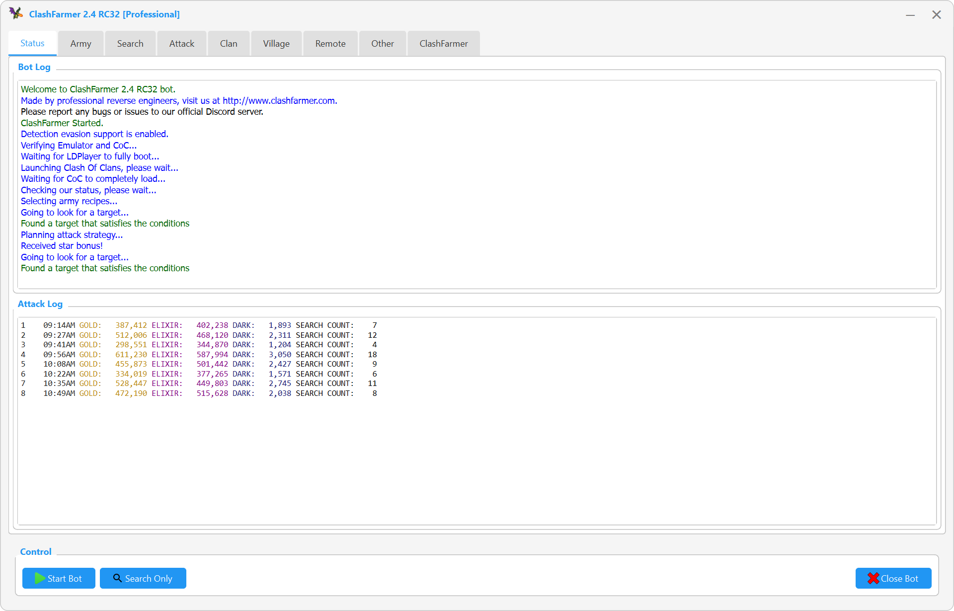 ClashFarmer 2.4 Status tab with a live bot log and an attack log listing gold, elixir and dark elixir looted per raid